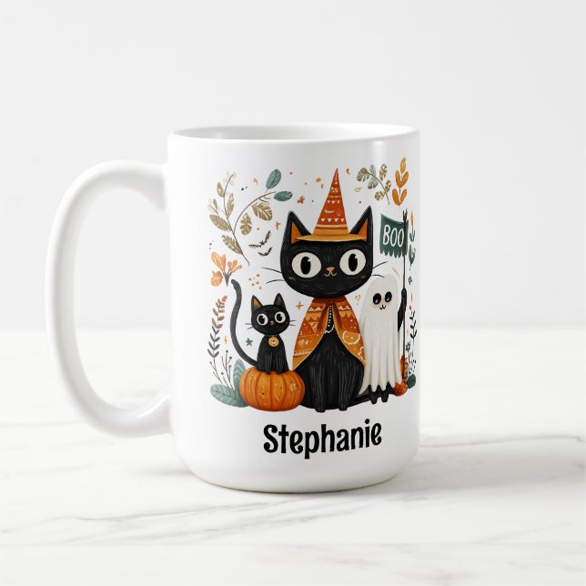 Caneca De Café Gato Preto e Fantasma Personalizado (Esquerda)