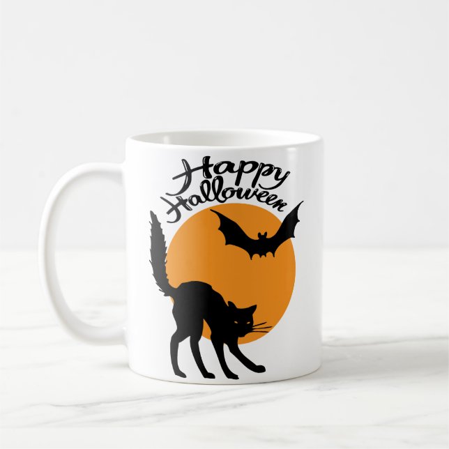 Caneca De Café Gato preto e morcego de Halloween com lua, hallowe (Esquerda)