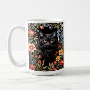 Caneca De Café Gato Preto Elegante Floral Colorido