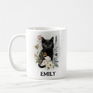 Caneca De Café Gato Preto Fofo Aquarela Flores Nome