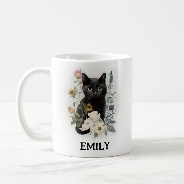 Caneca De Café Gato Preto Fofo Aquarela Flores Nome (Esquerda)