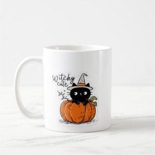 Caneca De Café Gato preto fofo em abóbora com chapéu de bruxa T c