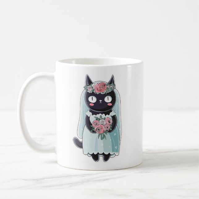 Caneca De Café Gato Preto Fofo Kawaii Usando Véu (Esquerda)