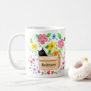 Caneca De Café Gato Preto Fofo numa Caixa Floral Nome Personaliza