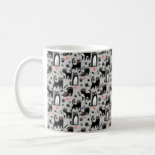 Caneca De Café Gato Preto Fofo Padrão Sem Costura Em Cinza Claro