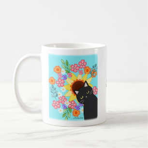Caneca De Café Gato preto giro com um costume floral brilhante de