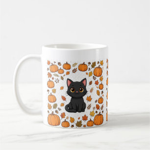 Caneca De Café Gato Preto no Campo de Abóboras Arte Fofa de Hallo