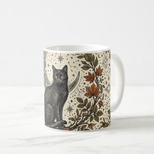 Caneca De Café Gato Preto Vintage com Lua Crescente, Folhas