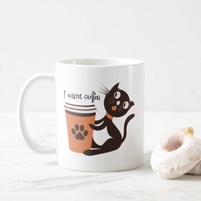 Caneca De Café Gato quer café engraçado (Com Donut)