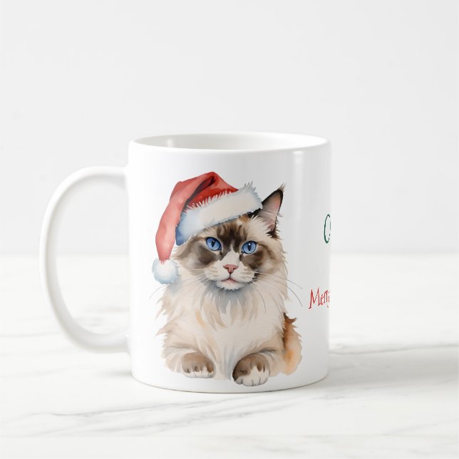 Caneca De Café Gato Ragdoll de Natal Aquarela (Esquerda)