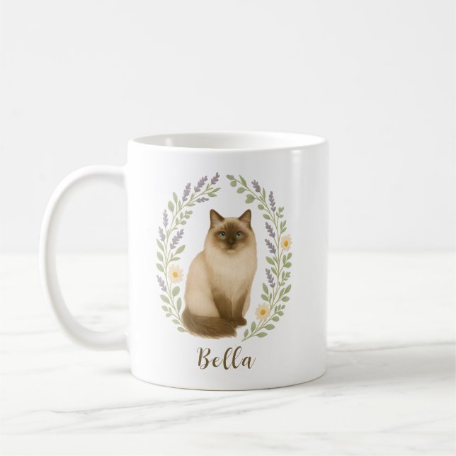 Caneca De Café Gato Ragdoll Floral com Nome Personalizado (Esquerda)
