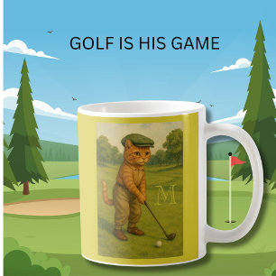 Caneca De Café Gato Retro Elegante Jogando Golfe Monograma Person