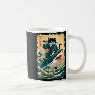 Caneca De Café Gato Samurai Engraçado Montando Tubarão Vintage An