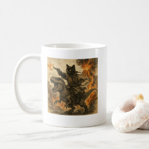 Caneca De Café Gato Samurai Montando Dinossauro em Erupção Vulcân