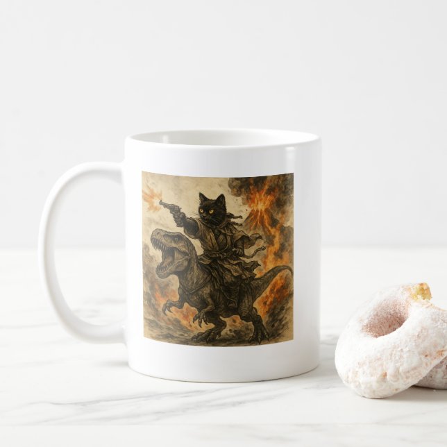 Caneca De Café Gato Samurai Montando Dinossauro em Erupção Vulcân (Com Donut)