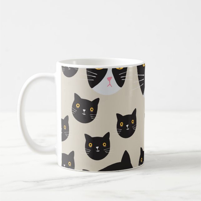Caneca De Café Gato Sem Olhos, Ilustração De Padrão Whimsical. (Esquerda)