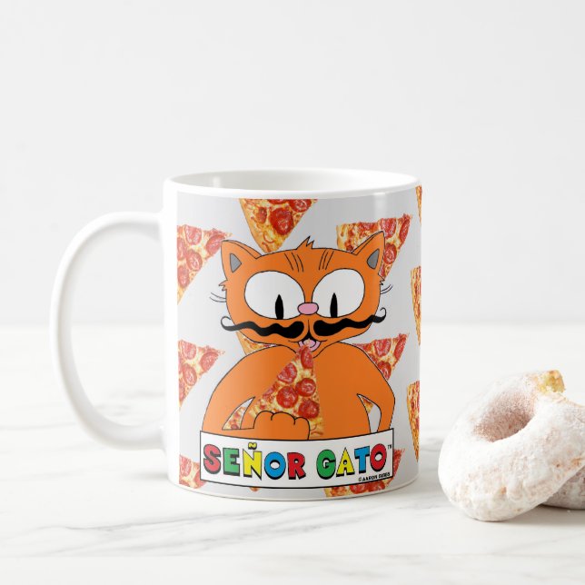 Caneca De Café Gato Senhor Bigode de Desenho Comendo Pizza (Com Donut)
