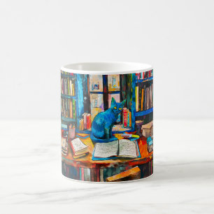 Caneca De Café Gato sentado entre livros abertos na mesa