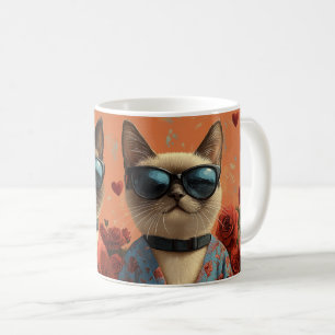 Caneca De Café Gato Siames com Rosas do Coração Dia dos Namorados