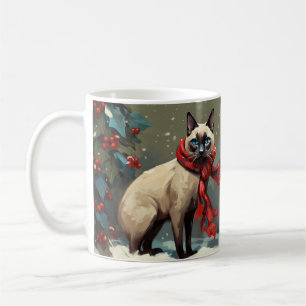 Caneca De Café Gato Siames no Natal com Neve