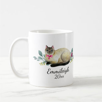 Caneca De Café Gato Siamês Personalizado Floral Roxo Branco