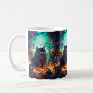 Caneca De Café Gato Siberiano de Halloween com Abóboras Assustado