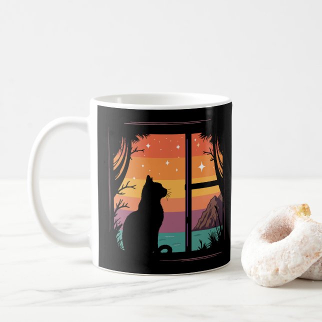 Caneca De Café Gato Silhuette Retro Sunset (Com Donut)
