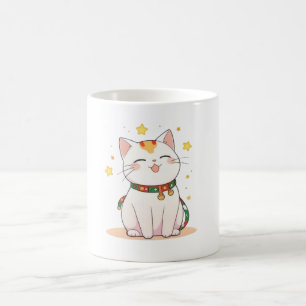 Caneca De Café Gato Sortudo com Estrelas Design Kawaii