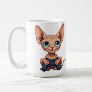 Caneca De Café Gato Sphynx Segurando Controle de Jogo