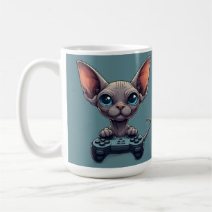 Caneca De Café Gato Sphynx Segurando Controle de Jogo
