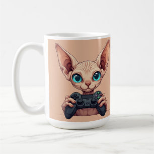 Caneca De Café Gato Sphynx Segurando Controle de Jogo