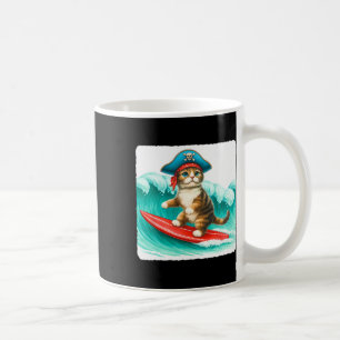 Caneca De Café Gato Surfista Com Chapéu de Pirata na Prancha de S