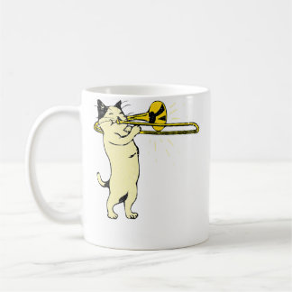 Caneca De Café Gato Tocando Trombone Jazz Música Novidade Legal