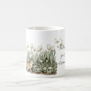 Caneca De Café Gato Tulipa Flores Hortelã Borboletas Brancas