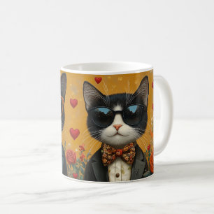 Caneca De Café Gato Tuxedo com Rosas do Coração Dia dos Namorados