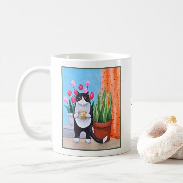 Caneca De Café Gato Tuxedo preto e branco Presente de gato engraç (Com Donut)