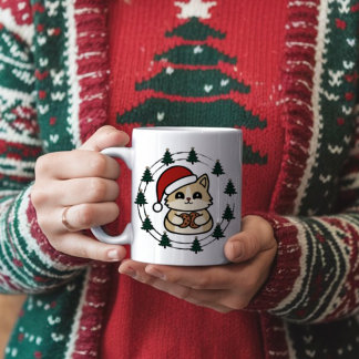 Caneca De Café Gato vestindo chapéu de Natal com Árvores de Natal
