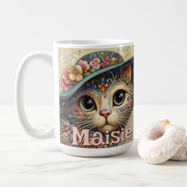 Caneca De Café Gato Whimsical com chapéu Floral Personalizado (Com Donut)