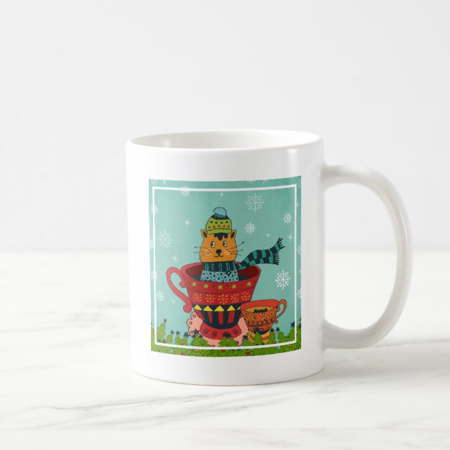 Caneca De Café Gato Whimsso Sentado em um Natal Teacup (Direita)