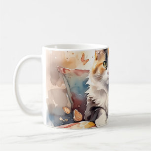Caneca De Café Gato Xadrez Caprichoso em Aquarela e Borboletas