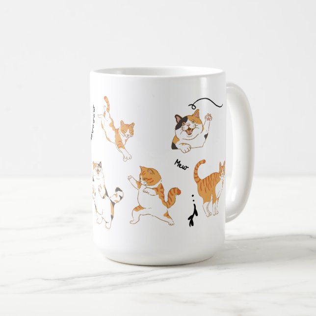 Caneca De Café Gatos Brancos Pretos Laranjas Divertidos  (Frente Esquerda)