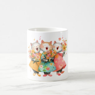 Caneca De Café Gatos Cantores Segurando Ramalhetes