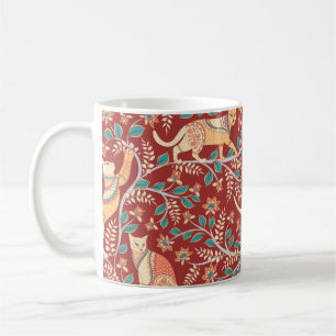 Caneca De Café Gatos com ornamentos, ramos com flores e folhas