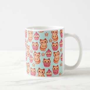 Caneca De Café Gatos Cute de Kawaii Cupcakes Rosa e Padrão Azul