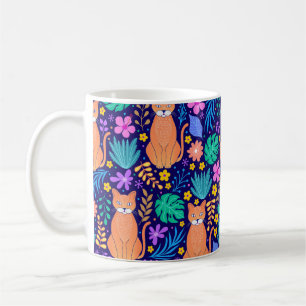 Caneca De Café Gatos e flores tropicais: padrão escuro