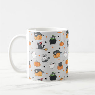 Caneca De Café Gatos e Padrão Fantasmas do Halloween