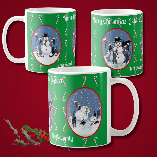 Caneca De Café Gatos Engraçados e Contos de Neve Personalizados (A winters story of curious cats and a snowman in 3 vintage ovals. Perfect convo starter)