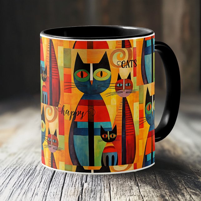 Caneca De Café Gatos Felizes E Coloridos (Whimsical and artistic mug featuring an illustration of cute colorful cats, simply being happy)