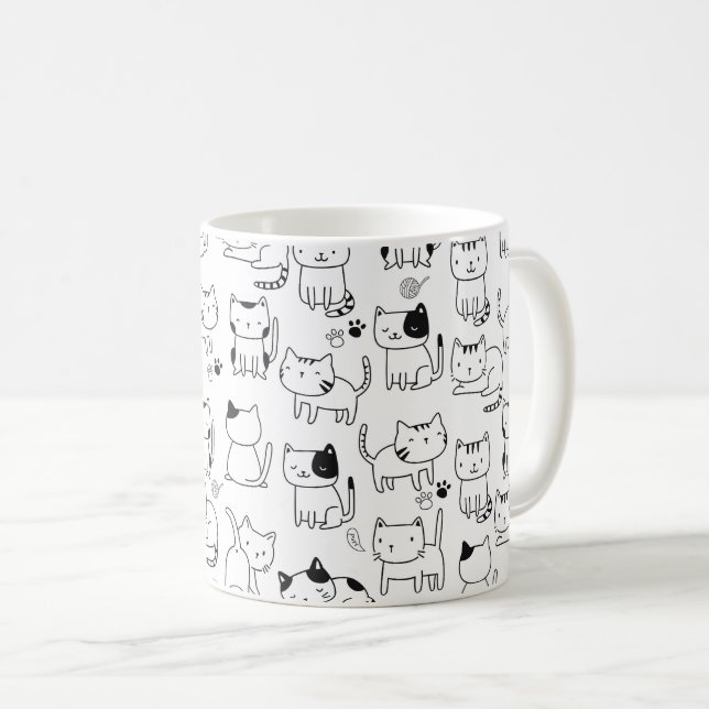 Caneca De Café Gatos Fofos Padrão Rabisco (Frente Esquerda)
