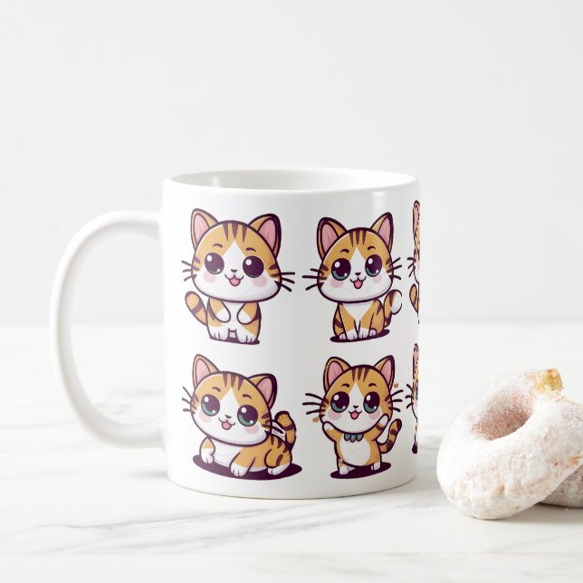 Caneca De Café Gatos Kawaii Cute posando (Com Donut)